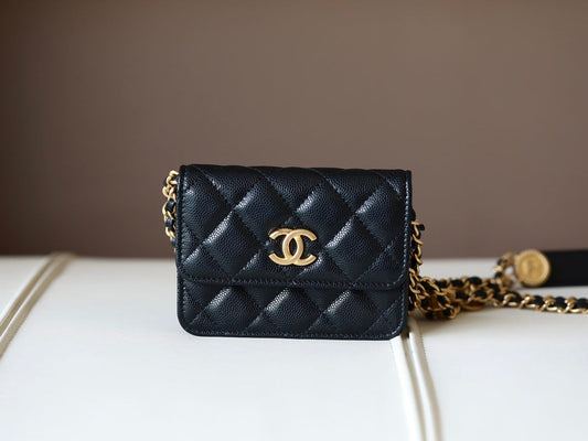 0528 Black Quilted Caviar Belt Bag Aged Gold Hardware