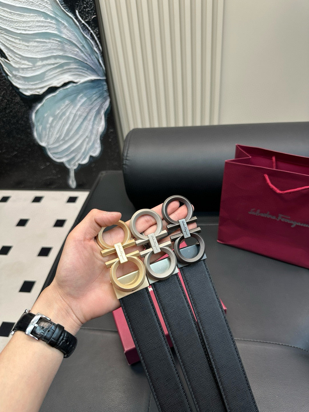 Ferragamo Gear pattern, frosted surface, steel buckle